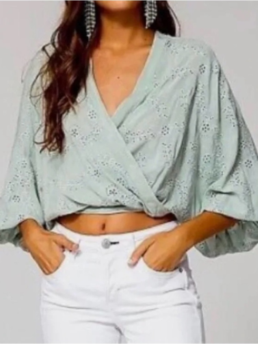 YOUNG FABULOUS & BROKE Tia Eyelet Wrap Top in Mint Green